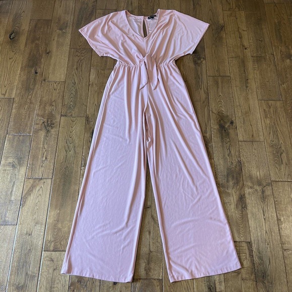 As U Wish Pants - Juniors’ Blush Pink As U Wish Tie Front Wide Leg Jumpsuit Size Small